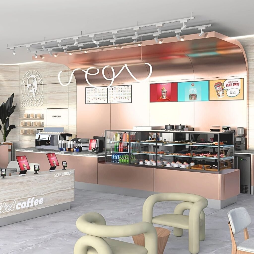 Mikel Coffee şubesi modern iç mimari tasarımı, rose gold tavan detayları, pasta vitrini ve self-servis kiosk alanları