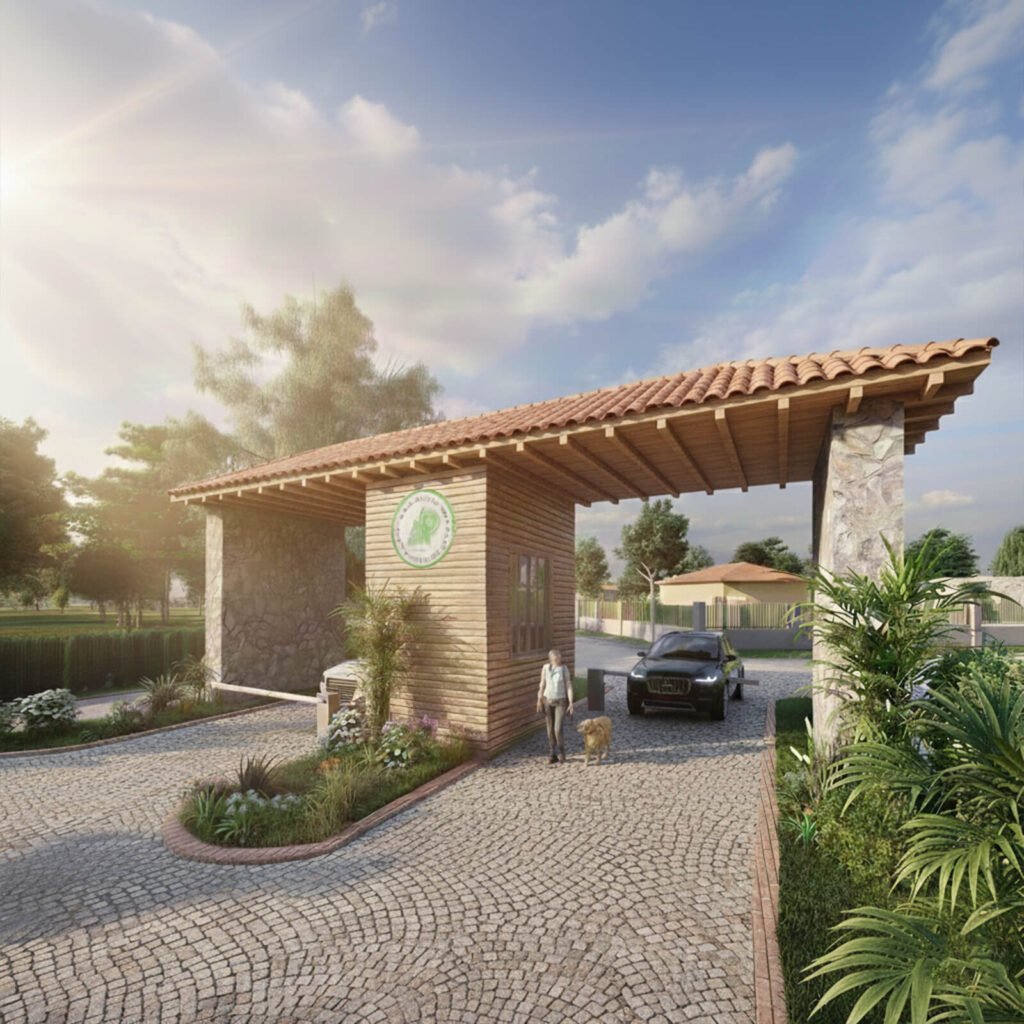 Doğal taş ve ahşap malzemeli milli park ve kamp alanı giriş kapısı tak tasarımı.