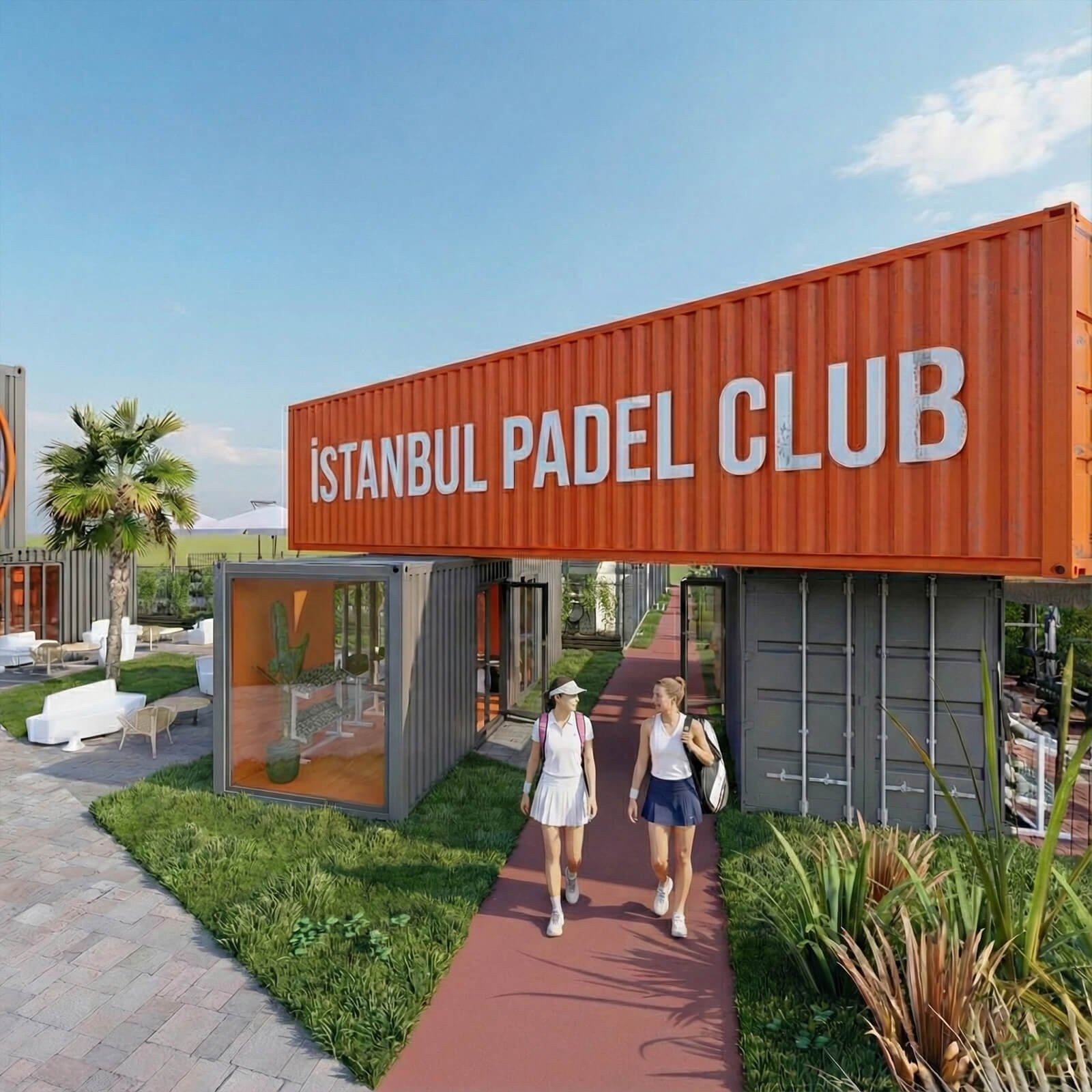 Konteyner mimarisi ile tasarlanmış Padel tenis kulübü girişi ve turuncu resepsiyon alanı.