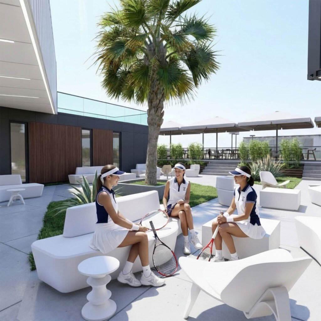 Spor kompleksi açık hava dinlenme alanı, modern beyaz mobilyalar ve palmiye peyzajı.
